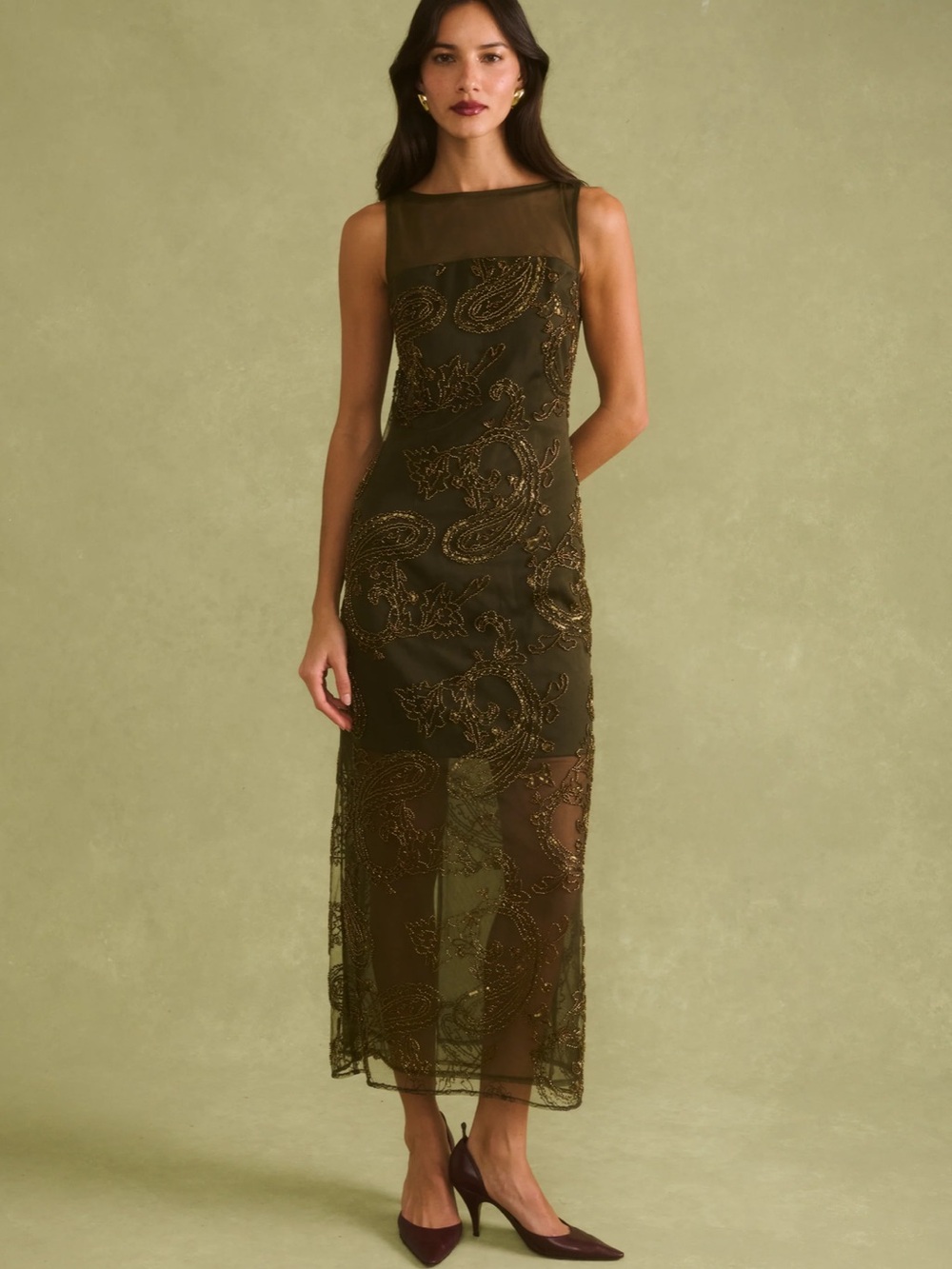NWT Sorella Ora Beaded Embroidered Olive Few Moda Dress 4